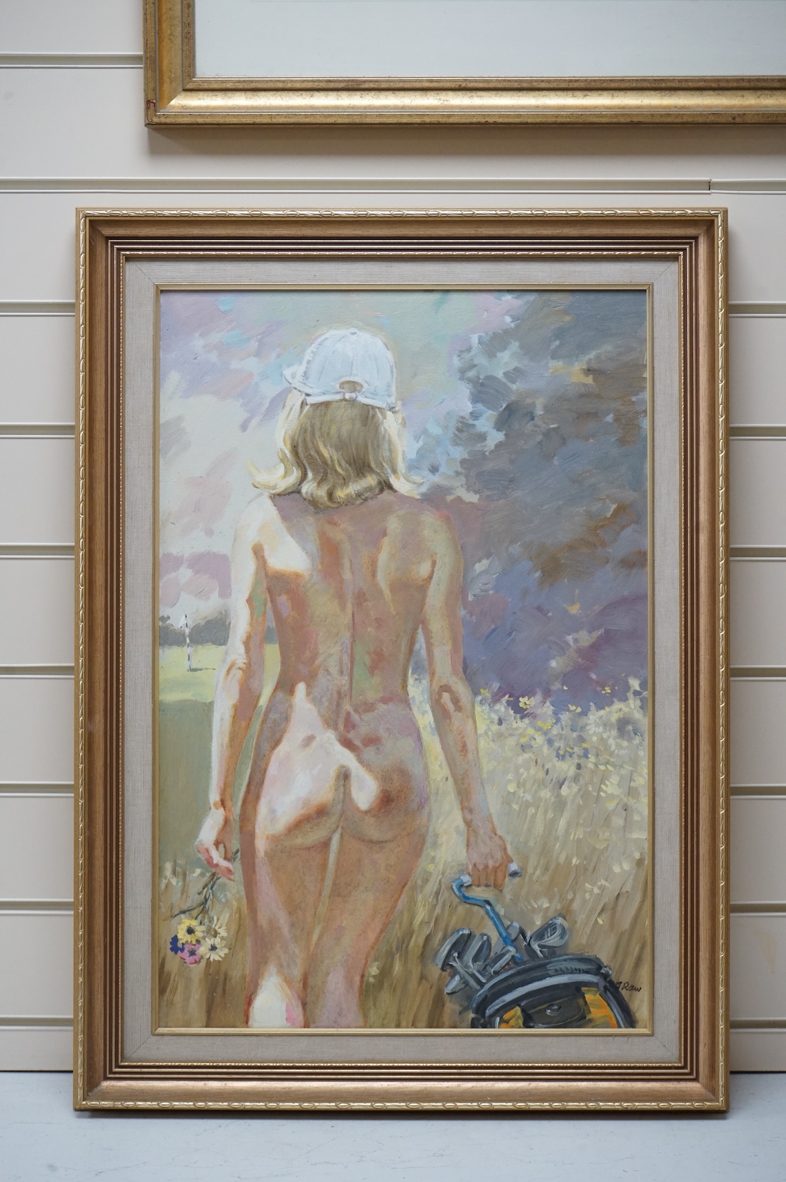 J. Row, oil on canvas, Nude golfer, signed, 60 x 39cm